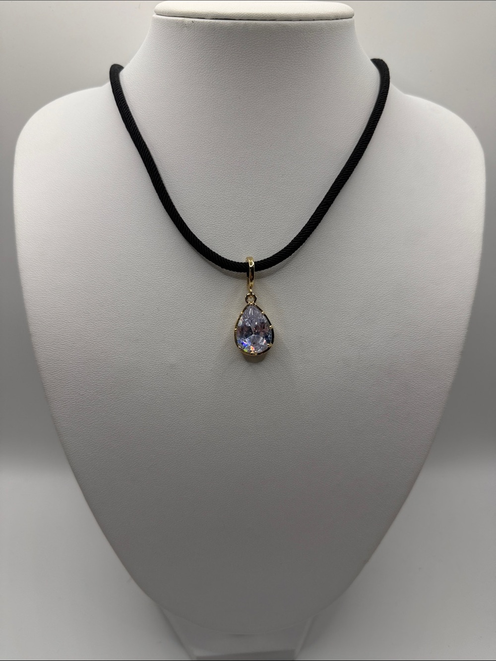 031. Teardrop Crystal Pendant Necklace Black Cord 16” - 18 1/2”